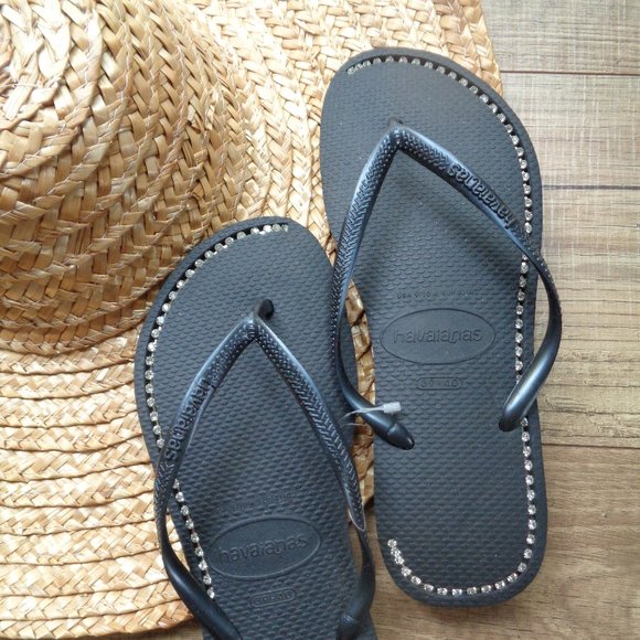NEW HAVAIANAS RHINESTONE OUTLINE FLIP FLOPS 9/10W - Picture 2 of 4